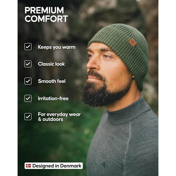 Men's Black Merino Wool Fitted Stretch Beanie Soft Stretchy Fisherman Beanie Cap - Picture 3 of 6